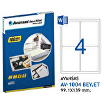 Avansas AV-1004 Beyaz Etiket 99,1 mm x139,4 mm 4'lü Avansas AV-1004 Beyaz Etiket 99,1 mm x139,4 mm 4'lü