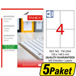 Tanex Tw-2204 Beyaz Sevkiyat ve Lojistik Etiketi 105 mm x 148.5 mm 5 Paket Çok Al Az Öde Tanex Tw-2204 Beyaz Sevkiyat ve Lojistik Etiketi 105 mm x 148.5 mm 5 Paket Çok Al Az Öde