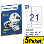 Avansas AV-1021 Beyaz Etiket 63,5x38,1 mm 21'li x 5 Paket Çok Al Az Öde Avansas AV-1021 Beyaz Etiket 63,5x38,1 mm 21'li x 5 Paket Çok Al Az Öde