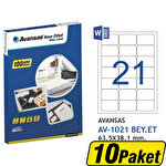 Avansas AV-1021 Beyaz Etiket 63,5x38,1 mm 21'li x 10 Paket Çok Al Az Öde Avansas AV-1021 Beyaz Etiket 63,5x38,1 mm 21'li x 10 Paket Çok Al Az Öde