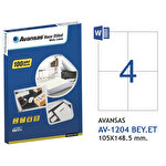 Avansas AV-1204 Beyaz Etiket 105x148,5 mm 4'lü Avansas AV-1204 Beyaz Etiket 105x148,5 mm 4'lü