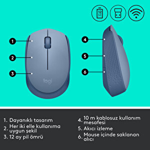 Logitech M171 USB Alıcılı Kablosuz Kompakt Mouse - Açık Mavi buyuk 7