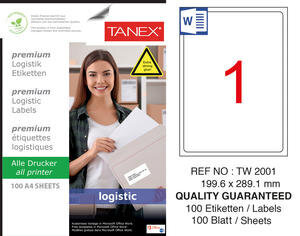 Tanex Tw-2001 Yüksek Yapışkanlı Beyaz Sevkiyat ve Lojistik Etiketi 199,6 mm x 289,1 mm 
