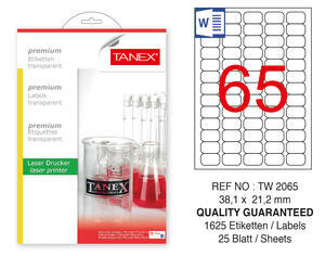 Tanex-2065 Şeffaf Lazer Etiket 38,1 mm x 21,2 mm