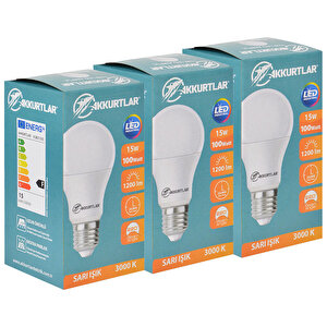 Akkurtlar Led Ampül 3000K Sarı Işık 15 Watt - 100 Watt  3'lü Paket