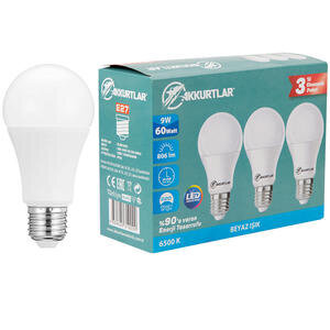 Akkurtlar Led Ampül 6500K Beyaz Işık 9 Watt - 60 Watt  3'lü Paket