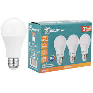 Akkurtlar Led Ampül 6500K Beyaz Işık 9 Watt - 60 Watt  3'lü Paket