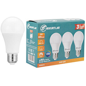 Akkurtlar Led Ampül 6500K Beyaz Işık 9 Watt - 60 Watt  3'lü Paket