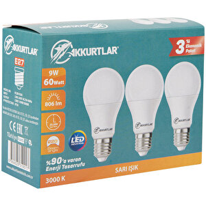 Akkurtlar Led Ampül 6500K Beyaz Işık 9 Watt - 60 Watt  3'lü Paket