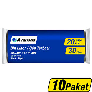 Avansas Çöp Torbası Orta Boy 55 cm x 60 cm Siyah 20'li  x 10 Paket Çok Al Az Öde