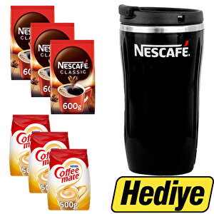 Nescafe Classic Kahve 600 gr 3 Adet + Nestle Coffee Mate 500g Eko Paket Kahve Beyazlatıcı 3 Adet + Nescafe Thermo mug  400 Ml Tekli Hediye buyuk 1