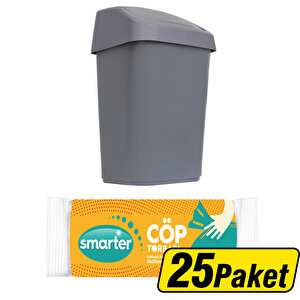 Smarter Çöp Torbası Küçük Boy 40 cm x 50 cm Şeffaf 30'lu x 25 Paket ve Smarter Çöp Kovası Küçük 10 litre buyuk 1