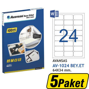Avansas AV-1024 Beyaz Etiket 64x34 mm 24'lü x 5 Paket Çok Al Az Öde