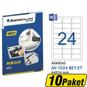 Avansas AV-1024 Beyaz Etiket 64x34 mm 24'lü x 10 Paket Çok Al Az Öde