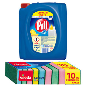 Pril Sıvı Bulaşık Deterjanı Limon 4 kg +  Vileda Rainbow Düz Sünger 10'lu Paket buyuk 1