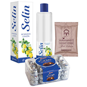 K.Mehmet Efendi Türk Kahvesi Poşet 100 g + Ülker Ece Define Çikolata 458 g + Selin Limon Kolonyası Pet Şişe 400 ml buyuk 1