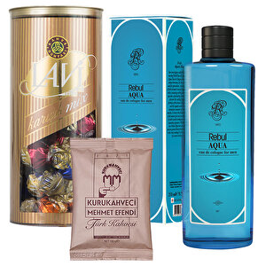 K.Mehmet Efendi Türk Kahvesi Poşet 100 g + Kahve Dünyası Lavi Dolgulu Çikolata 400 g + Rebul Aqua Kolonya 250 ml buyuk 1