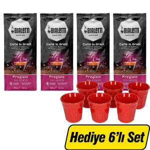Bialetti Pregiato (Milano) Çekirdek Kahve 1000 g x  4 Paket + Kırmızı Espresso Fincan Set 6'lı Hediye