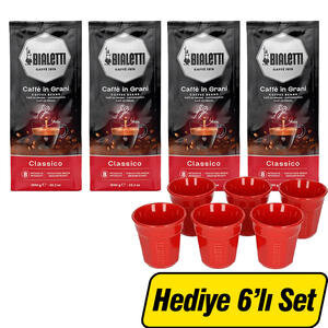 Bialetti Classico (Roma) Çekirdek Kahve 1000 g x 4 Paket + Kırmızı Espresso Fincan Set 6'lı Hediye