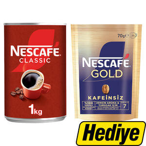 Nescafé Classic Çözünebilir Kahve 1 kg Teneke Kutu Alımında Nescafé Gold 100% Kafeinsiz Çözünebilir Kahve Ekopaket 70 g x 2 Paket Hediye