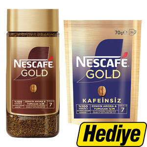 Nescafé Gold Çözünebilir Kahve 200g Cam Kavanoz Alımında Nescafé Gold 100% Kafeinsiz Çözünebilir Kahve Ekopaket 70 g Hediye