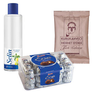 Kurukahveci Mehmet Efendi Türk Kahvesi 100 g + Ülker Ece İkramlık Çikolata Fındıklı 458 g + Selin Limon Kolonyası Pet Şişe 200 ml
