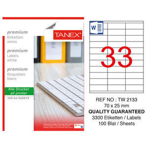 Tanex Tw-2133 Beyaz Etiket 70 mm x 25 mm