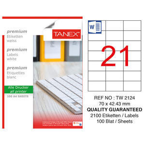 Tanex Tw-2124 Beyaz Adres ve Posta Etiketi 70 mm x 42.43 mm