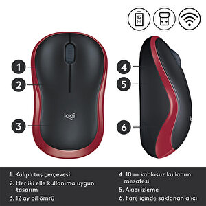 Logitech M185 USB Alıcılı Kompakt Kablosuz Mouse - Kırmızı buyuk 2