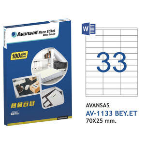 Avansas AV-1133 Beyaz Etiket 70x25 mm 33'lü