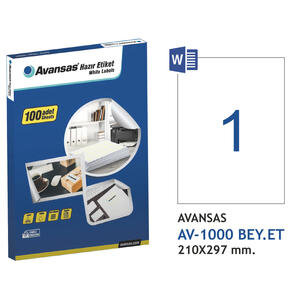Avansas AV-1000 Beyaz Etiket 210x297 mm Tekli