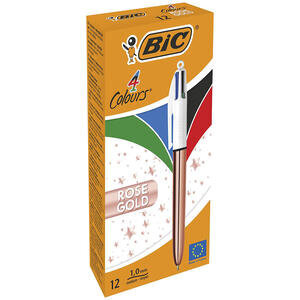 Bic 4 Colours Rose Gold Ballpoint Pen 1mm Tip 0.32mm Line Rose Gold Barrel Black/Blue/Green/Red Ink (Pack 12)