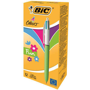 Bic 4 Colours Fashion Ballpoint Pen 1mm Tip 0.32mm Line Light Blue Barrel Lime Green/Pink/Purple/Turquoise Ink (Pack 12)