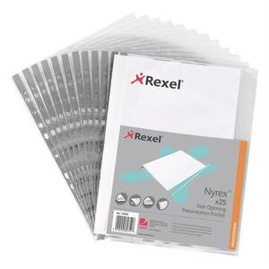 Rexel Nyrex™ Foolscap Punched Pocket Left Opening Grey Strip Pack of 25