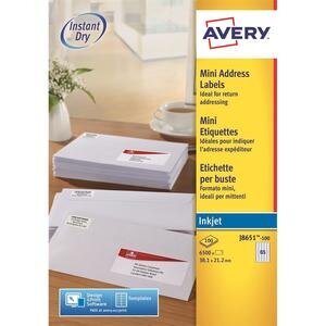 Avery QuickDRY™ Address Labels, Self-Adhesive Inkjet, J8651-100, 38 x 21 mm, 6500 Labels