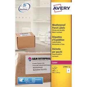 Avery Weatherproof Parcel Labels, Self-Adhesive Laser, L7994-25, 99 x 139 mm, 100 Labels