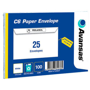 Avansas C6 Wallet Peel & Seal Envelopes 114 x 162 mm 100 gsm White Pack of 25