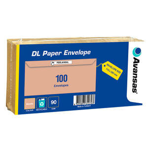 Avansas DL Wallet Peel & Seal Envelopes 110 x 220 mm 90 gsm Manilla Pack of 100