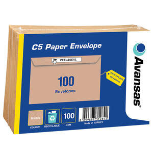 Avansas C5 Pocket Peel & Seal Envelopes 162 x 229 mm 100 gsm Manilla Pack of 100