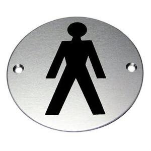 Seco Gentlemen's Toilet Sign Satin Anodised Aluminium Pre Drilled 72 mm Diameter Silver & Black