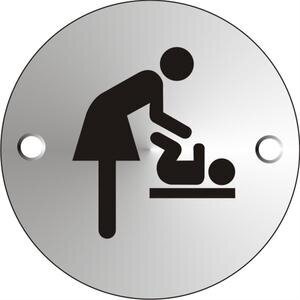 Seco Baby Changing Facility Toilet Sign Satin Anodised Aluminium Pre Drilled 72 mm Diameter Silver & Black