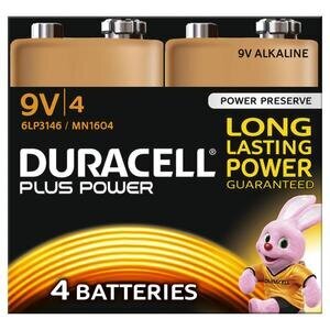 Duracell Plus Power 9V Alkaline Battery Pack of 4