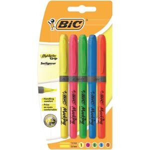BIC Highlighter Grip Adjustable Chisel Tip Highlighter Pens Assorted Colours Pack of 5