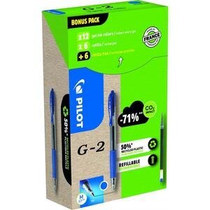 Pilot GreenPack of 12 Pens & 12 Refills: Blue G-2 Rollerball Pen Refillable Gel Ink 0.7 mm Medium Tip