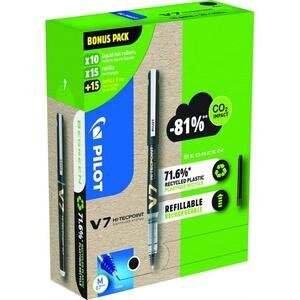 Pilot BeGreen GreenPack of 10 Hi-Tecpoint Rollerball Refillable Pens & 30 Liquid Ink Refills 0.7 mm Medium Tip Black