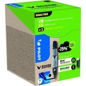 Pilot BeGreen GreenPack of 10 Markers & 10 Refills: Black V-Board Master Whiteboard Marker Refillable 6 mm Bullet Tip