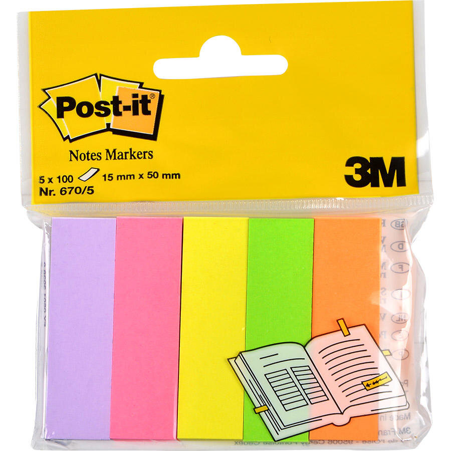 3M Post-it 670 Yapışkanlı Not Kağıdı 15 mm x 50 mm Sayfa İşareti 5 Renk 100 Yaprak