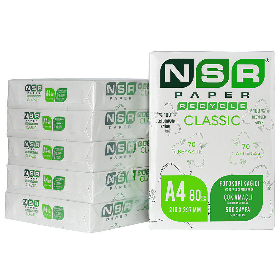 NSR Classic Geri Dönüştürülmüş A4 Fotokopi Kağıdı 80 gr Açık Gri 1 Koli 5 Paket (2.500 Sayfa)