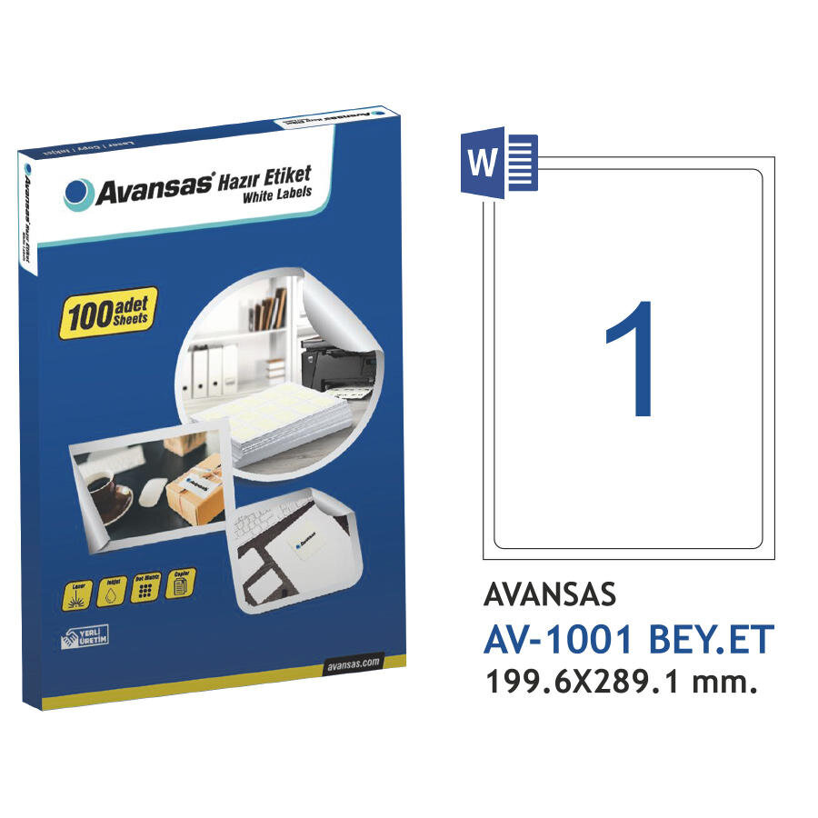 Avansas AV-1001 Beyaz Etiket 199,6x289,1 mm Tekli
