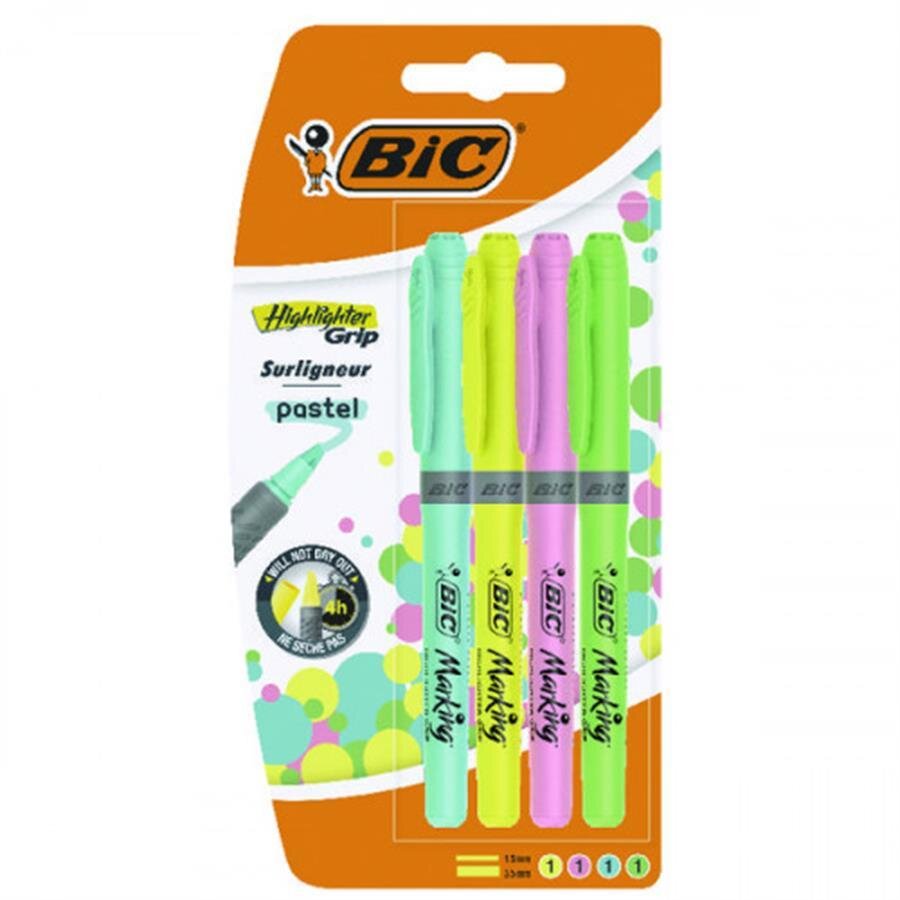 BIC Highlighter Grip Pastel Pens Adjustable Chisel Tip - Assorted Colours,  Pack of 6